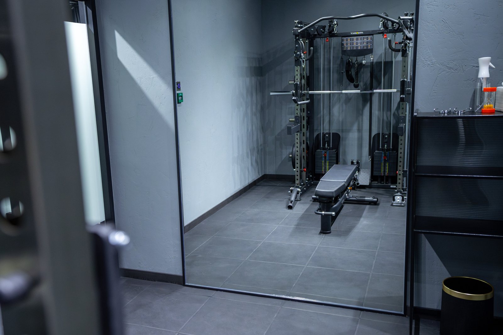 從玻璃門外看進 HOMEGYM 獨立訓練房間與多功能訓練架