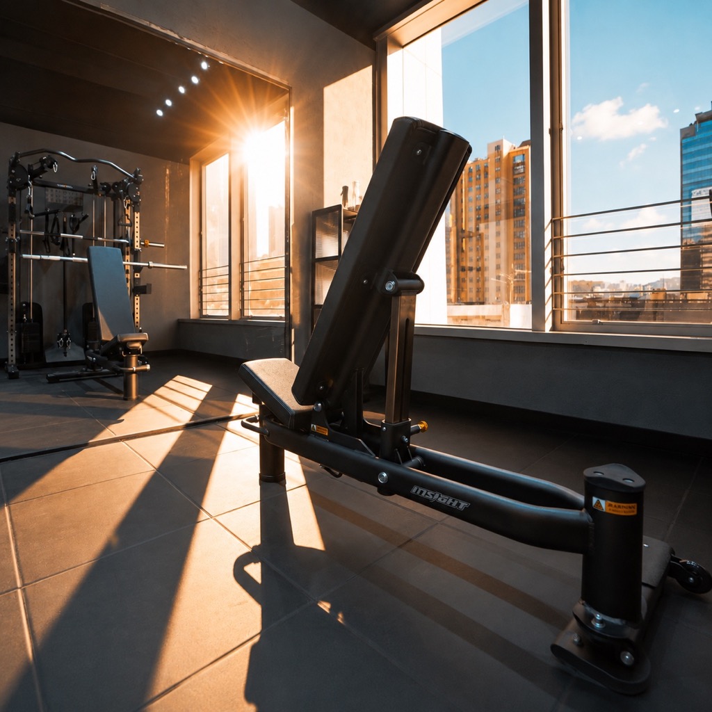 陽光照進 HOMEGYM 私人健身房，畫面可見訓練椅及多功能訓練架